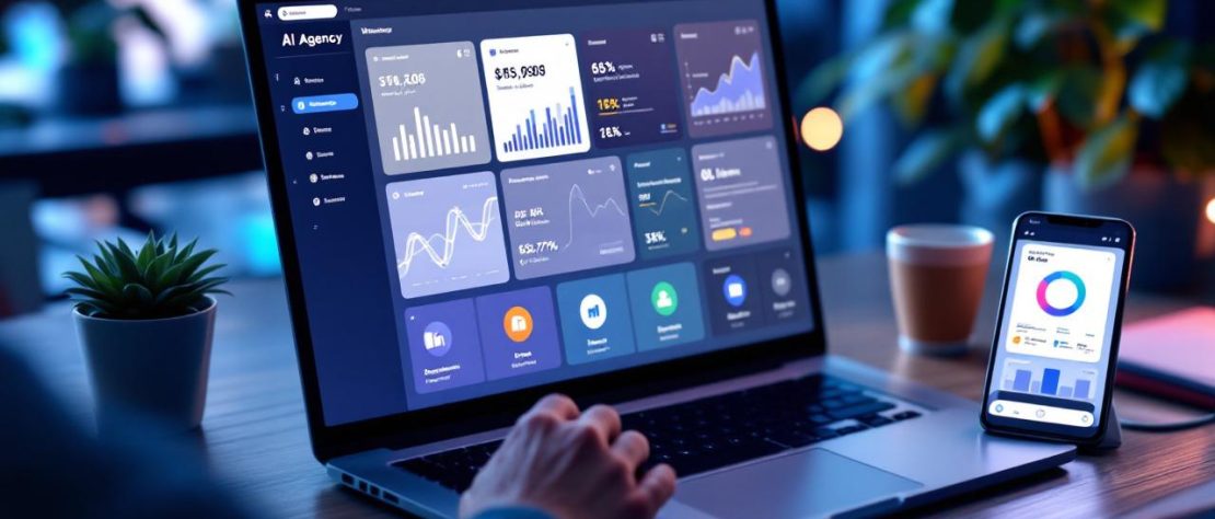 Illustration éditoriale d’une entreprise comparant plusieurs agences IA sur des écrans responsive, avec une interface moderne et une ambiance professionnelle.