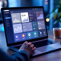 Illustration éditoriale d’une entreprise comparant plusieurs agences IA sur des écrans responsive, avec une interface moderne et une ambiance professionnelle.