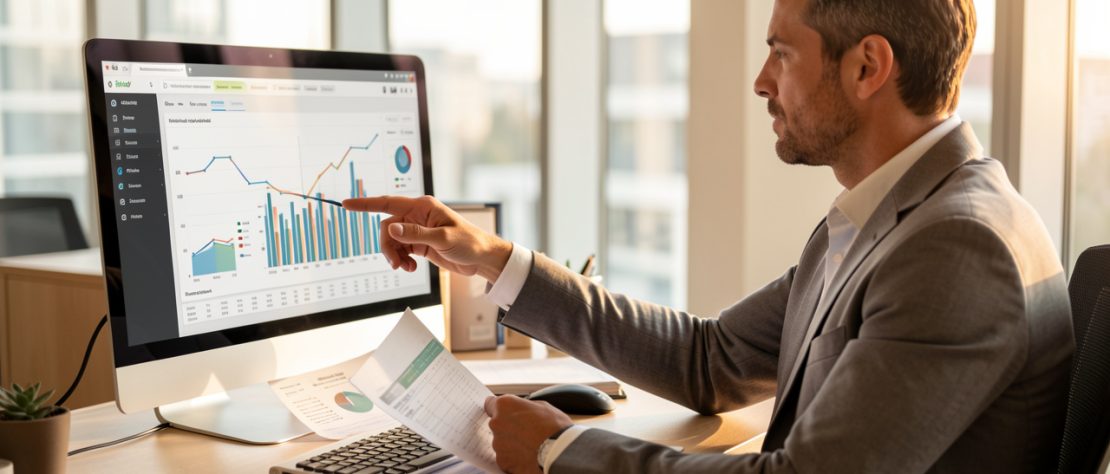 Un dirigeant repère des informations sur un écran d’ordinateur et examine des tableaux financiers sur un bureau, dans un bureau moderne lumineux.