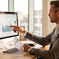Un dirigeant repère des informations sur un écran d’ordinateur et examine des tableaux financiers sur un bureau, dans un bureau moderne lumineux.