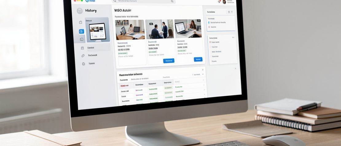 Gros plan réaliste d’un écran d’ordinateur montrant une interface d’historique de page web avec des vignettes de versions et des panneaux comparatifs, dans un espace de travail minimal pour un audit SEO.