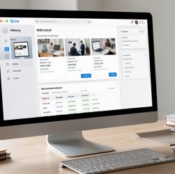 Gros plan réaliste d’un écran d’ordinateur montrant une interface d’historique de page web avec des vignettes de versions et des panneaux comparatifs, dans un espace de travail minimal pour un audit SEO.