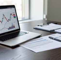 Bureau moderne avec un ordinateur portable et des documents de valorisation d’entreprise, avec des graphiques financiers abstraits sur l’écran.