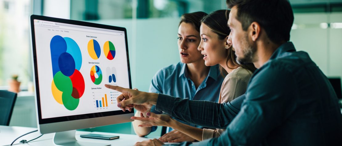 Équipe internationale dans un bureau moderne analysant des graphiques abstraits de performance web sur un écran, dans une ambiance professionnelle et réaliste.