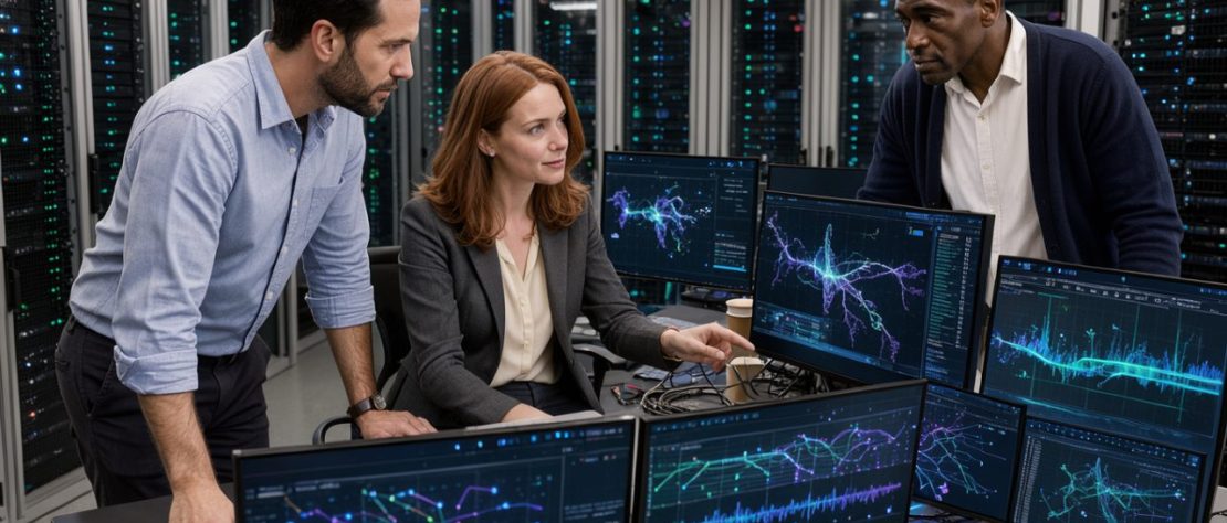 Une équipe technique composée de deux hommes et d’une femme analyse des visualisations de cybersécurité sur plusieurs écrans dans une salle serveur moderne.