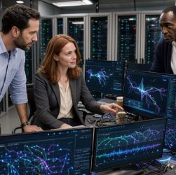 Une équipe technique composée de deux hommes et d’une femme analyse des visualisations de cybersécurité sur plusieurs écrans dans une salle serveur moderne.